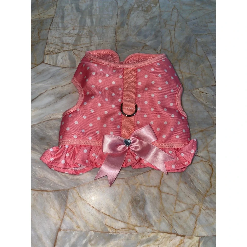 Simply Wag Pink Polka Dot Ruffle Dog Harness Vest with Satin Bow Small